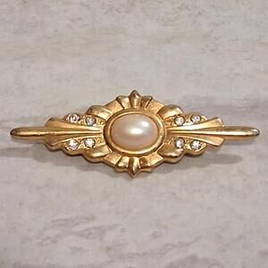 Faux Pearl Gold Tone Bar Brooch Pin Rhinestones  Art Deco Design Vintage